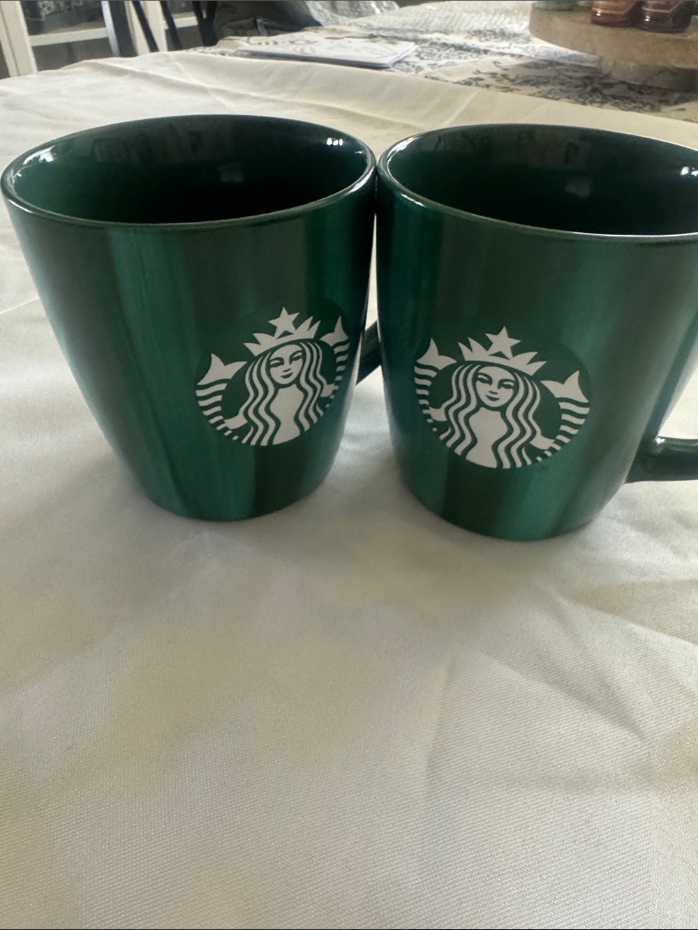2 Starbucks Dark Green Ceramic Coffee Mugs - Pair
